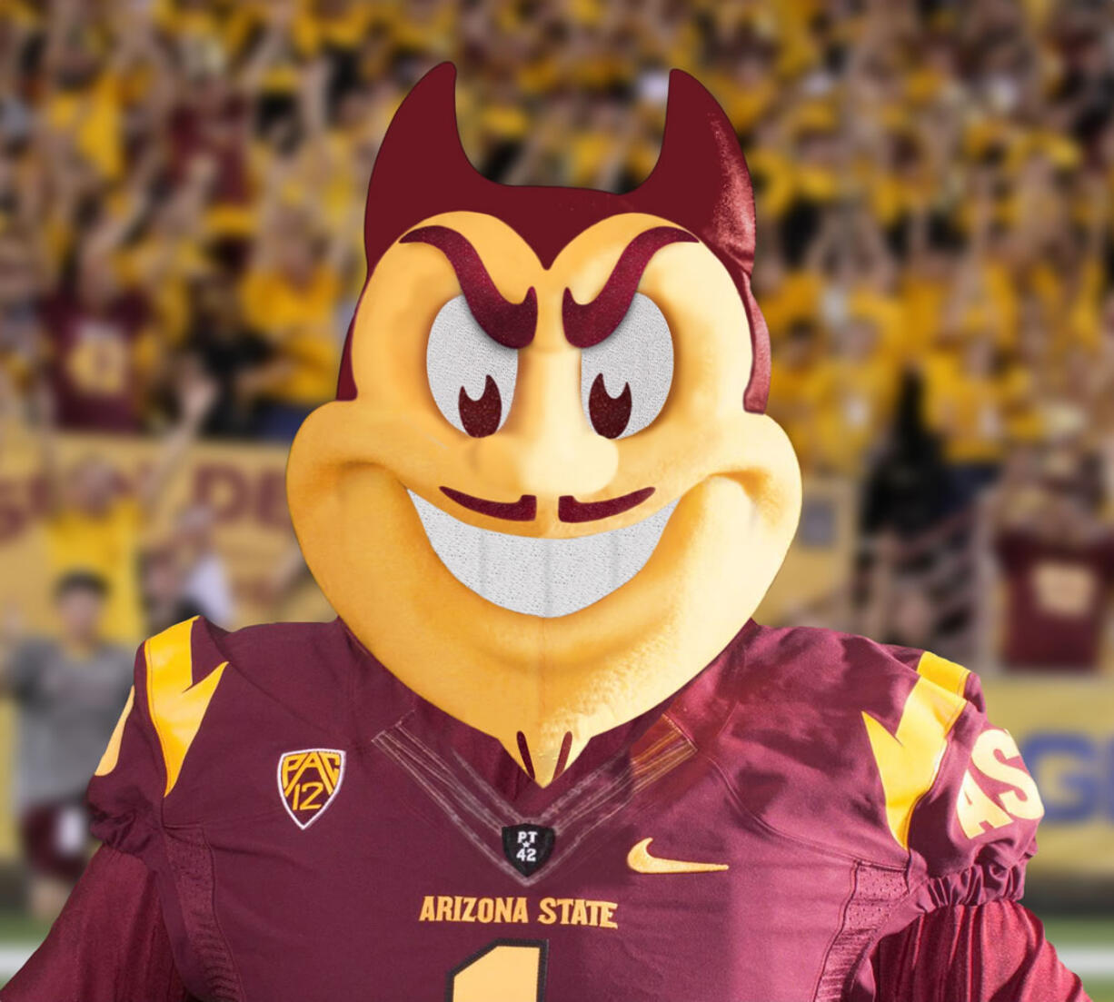 This April 18, 2013, photo provided by Arizona State University shows the winning costume for Arizona State's mascot &quot;Sparky,&quot; designed to most closely resemble the original 1946 drawing of Sparky, created by former Disney artist Berk Anthony. The new costume will be used by the university this fall, starting with the beginning of the new semester in August.