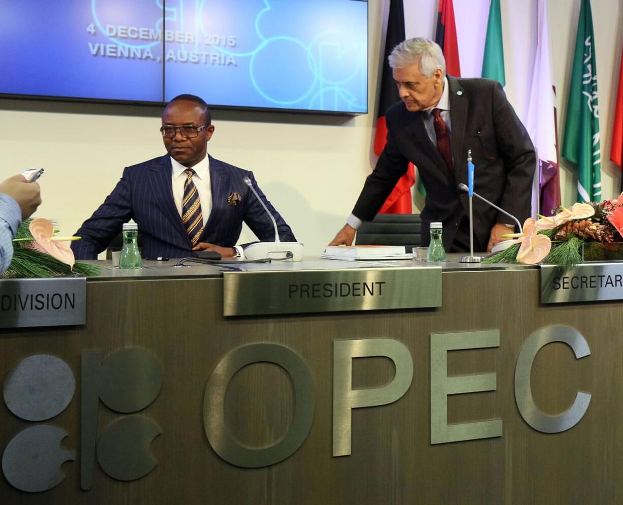 Nigeria&#039;s Minister of State for Petroleum Resources and President of the OPEC Conference Emmanuel Ibe Kachikwu, left, and OPEC&#039;s Secretary General Abdalla Salem El-Badri of Libya attend a news conference Friday after a meeting of the Organization of the Petroleum Exporting Countries, OPEC, at their headquarters in Vienna, Austria.