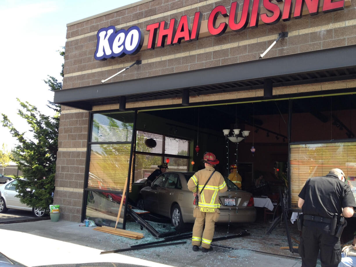 A 75-year-old woman crashed into the front of Keo Thai Cuisine,  1800 S.W Ninth Ave. in Battle Ground, about 12:30 p.m.