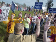 Prairie High School students greet a group from Battle Ground High School during a rally and walk  May 4, 2006, supporting a May 16 school levy vote. That levy failed to receive the required 60% supermajority both in May and three months earlier.