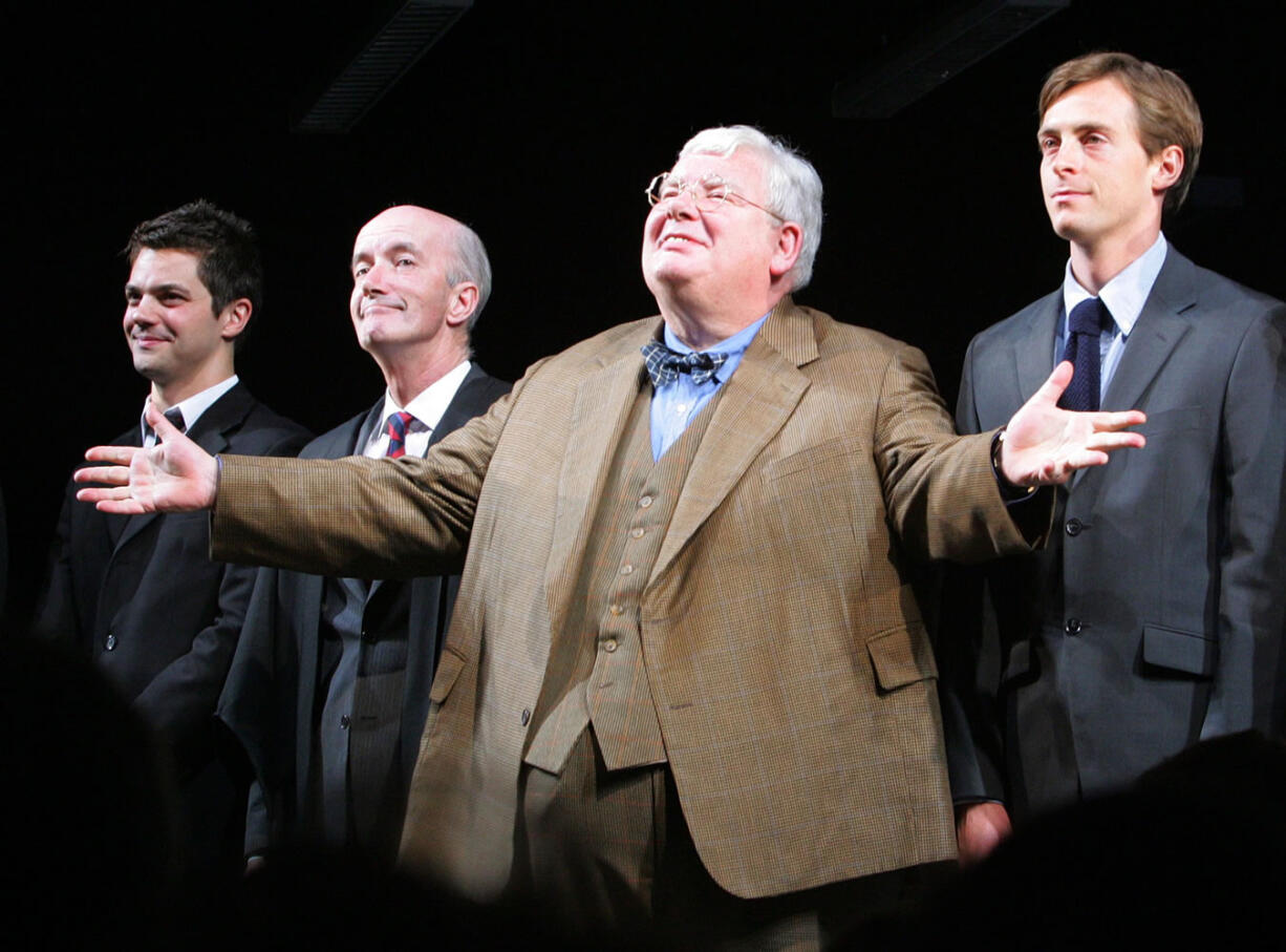 Actors James Corden, from left, Clive Merrison, Richard Griffiths and Stephen Campbell Moore take the curtain call at the opening night of the play &quot;The History Boys&quot; on April 23, 2006, in New York. Griffiths, the British actor who played the boy wizard's unsympathetic Uncle Vernon in the &quot;Harry Potter&quot; movies, has died .