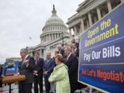 Senate Majority Leader Harry Reid of Nev., at podium, speaks during a news conference on the Senate steps on Capitol Hill in Washington on Wednesday to discuss the ongoing budget battle.