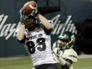 Portland State wide receiver Alex Toureen (83) hauls in a touchdown pass against Cal Poly defender Karlton Dennis during the first half Thursday.