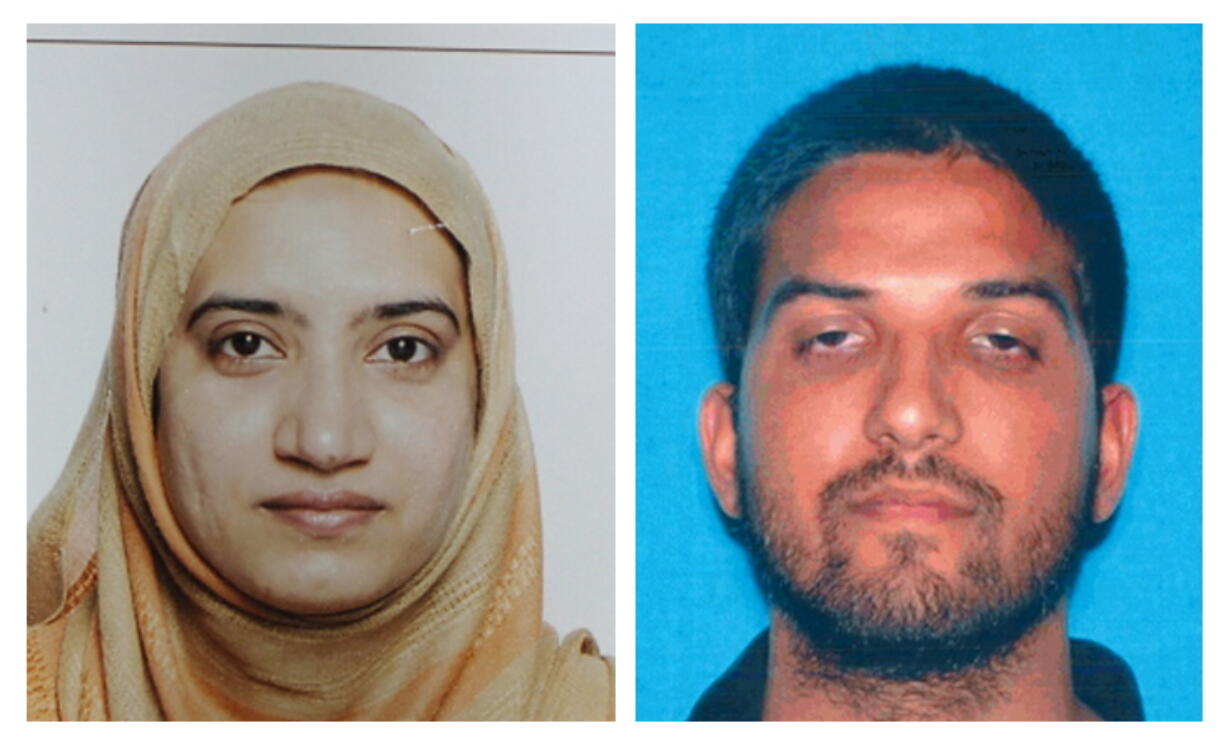 This undated combination of photos provided by the FBI, left, and the California Department of Motor Vehicles shows Tashfeen Malik, left, and Syed Farook. The husband and wife died in a fierce gunbattle with authorities several hours after their commando-style assault on a gathering of Farook's colleagues from San Bernardino, Calif., County's health department Wednesday, Dec. 2, 2015.