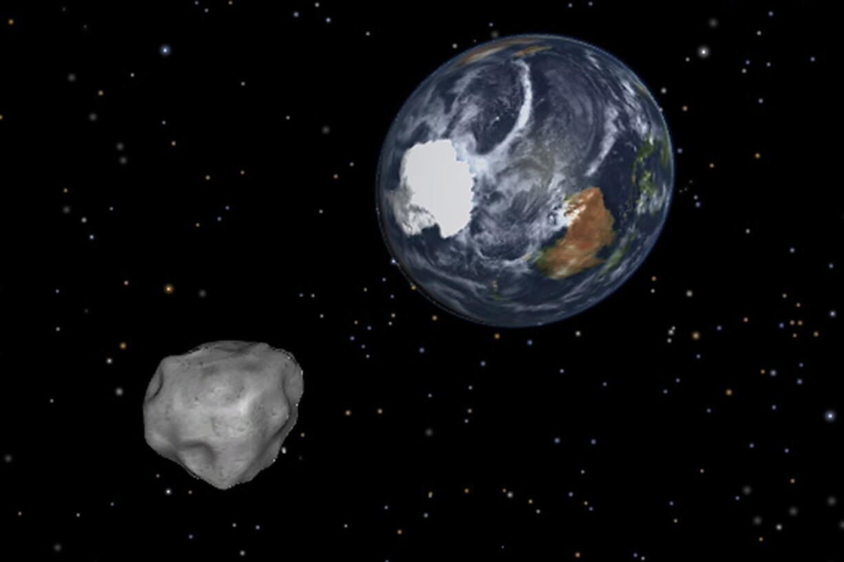 This image provided by NASA/JPL-Caltech shows a simulation of asteroid 2012 DA14 approaching from the south as it passes through the Earth-moon system on Friday, Feb. 15, 2013. The 150-foot object will pass within 17,000 miles of the Earth.