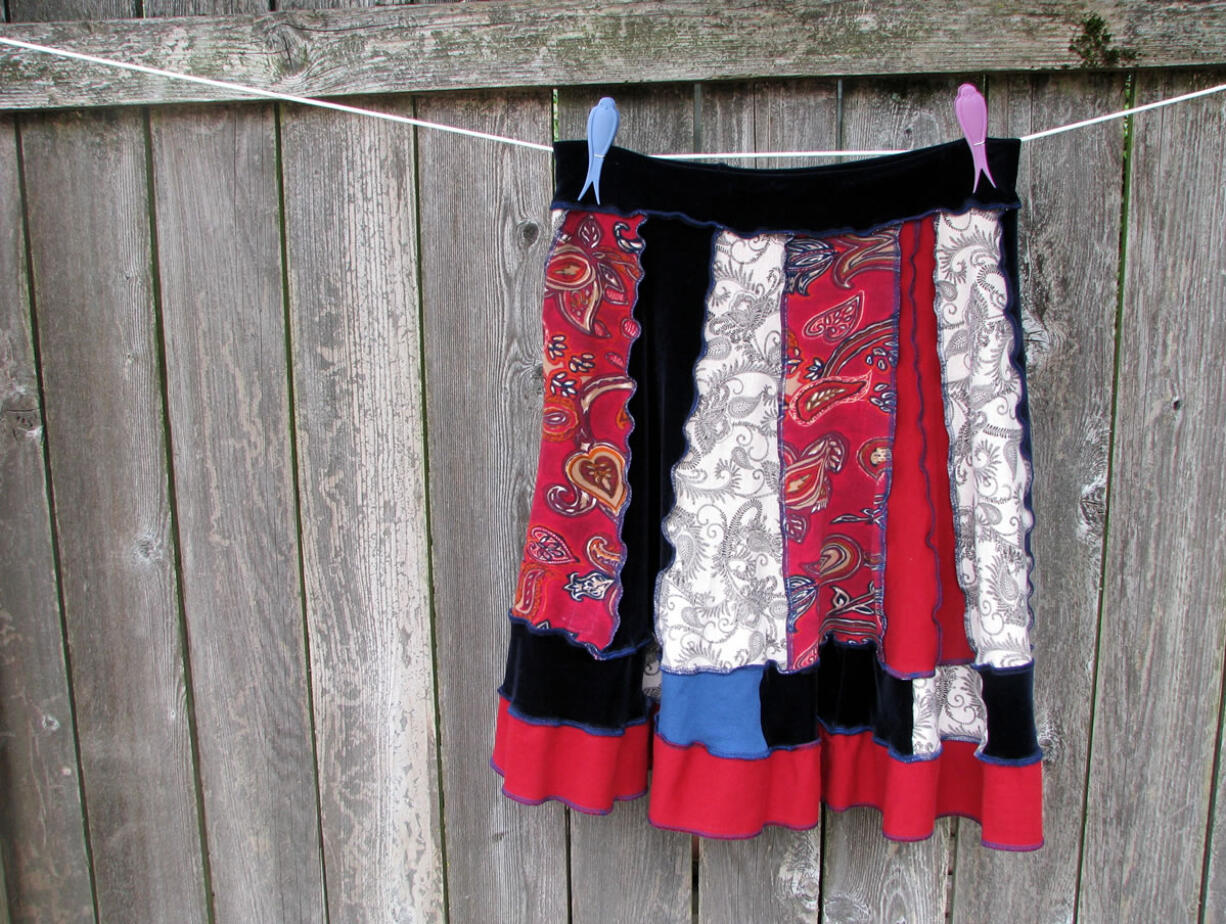 This undated handout photo provided by Sally Lang shows a skirt sewed together with panels of T-shirt and other fabrics in Salem, Ore. Lang picks up her fabrics at local thrift shops and yard sales, where tie dye is popular. iIn Oregon, weire kind of obsessed with tie dye,i says Lang, whose dynamic colors and patterns translate into eye-catching skirts.