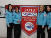 (left to right) Kendall Speten-Hansen of Portland, Kathy Placek of Vancouver, Yvonne Perceval of Brush Prairie, and Eleanor Robertson of Vancouver won a regional curling championship on Sunday.