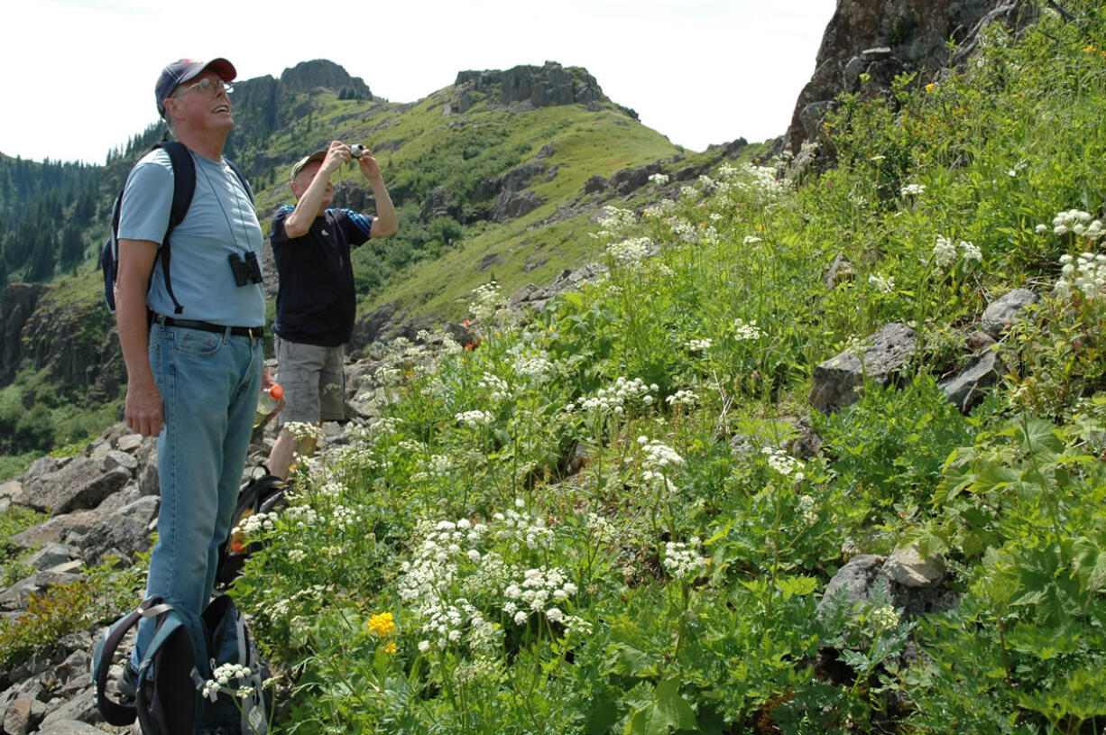 Larry Rogers of Utah, left, and Dick Borneman of Vancouver enjoy the sights on Silver Star Mountain.