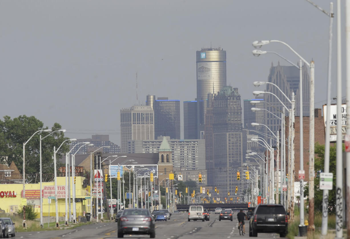 The Detroit skyline is seen from Grand River on Thursday in Detroit. On Thursday the city became the largest city in U.S.