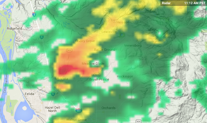 Doppler radar from Weather Underground website shows intense storm approaching Battle Ground at 11:12 a.m. Thursday.