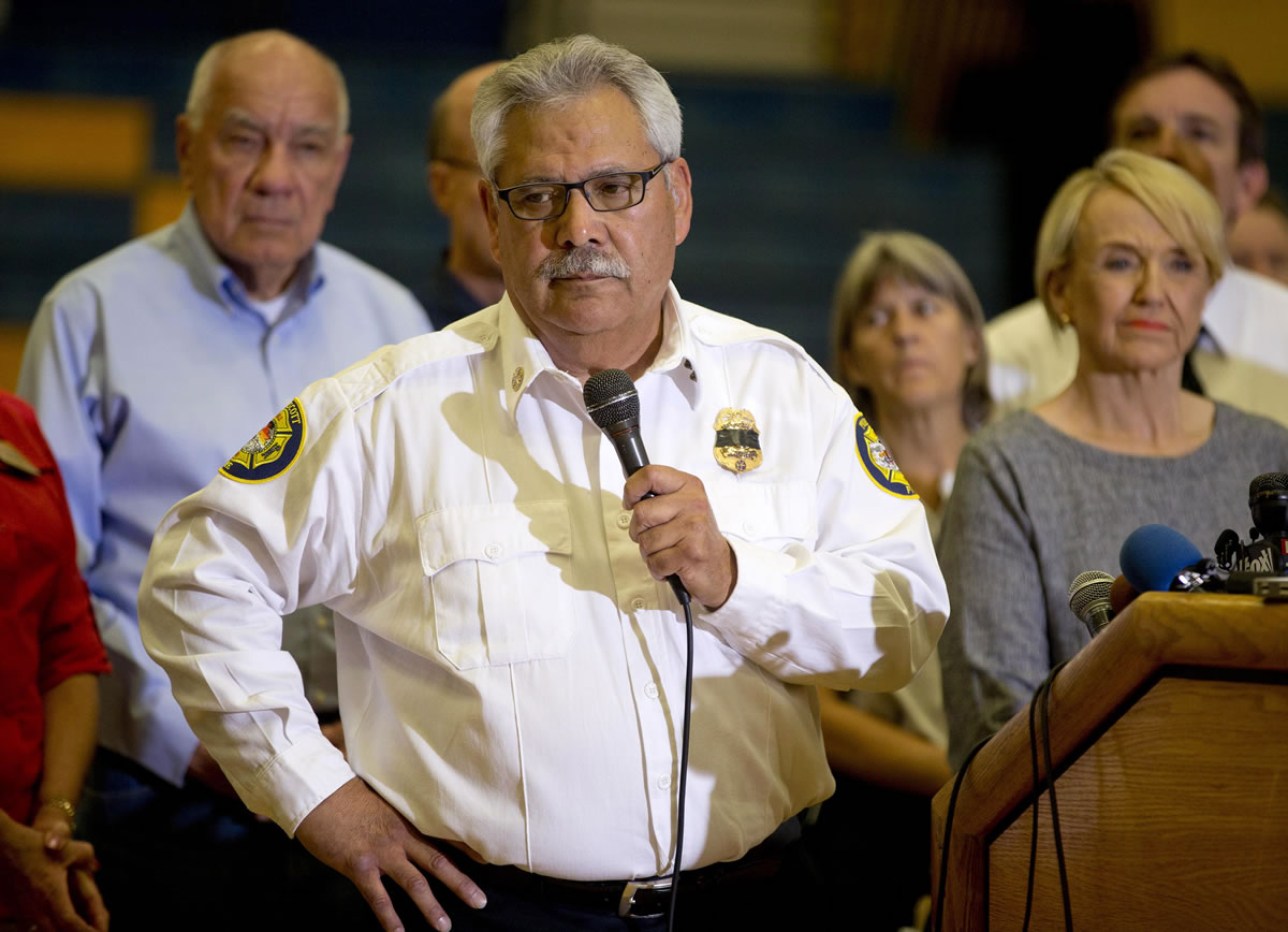 Prescott Fire Chief Dan Fraijo answers questions during a news conference Monday in Prescott, Ariz.