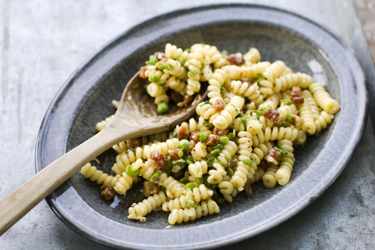 This image taken on April 29, 2013, shows carbonara pasta salad in a serving dish in Concord, N.H.