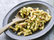 This image taken on April 29, 2013, shows carbonara pasta salad in a serving dish in Concord, N.H.