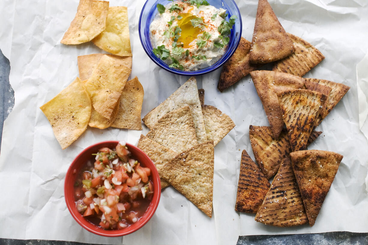 Fried Tortilla Chips with Cinnamon Sugar, from left, Baked Whole-Wheat Tortilla Chips and Baked Whole-Wheat Pita Chips.