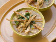 Bowls Of Southwestern Corn and Chicken Chowder with Tortilla Crisps