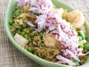 In this image taken on April 8, 2013, shrimp fried rice with pickled radishes is shown in Concord, N.H.