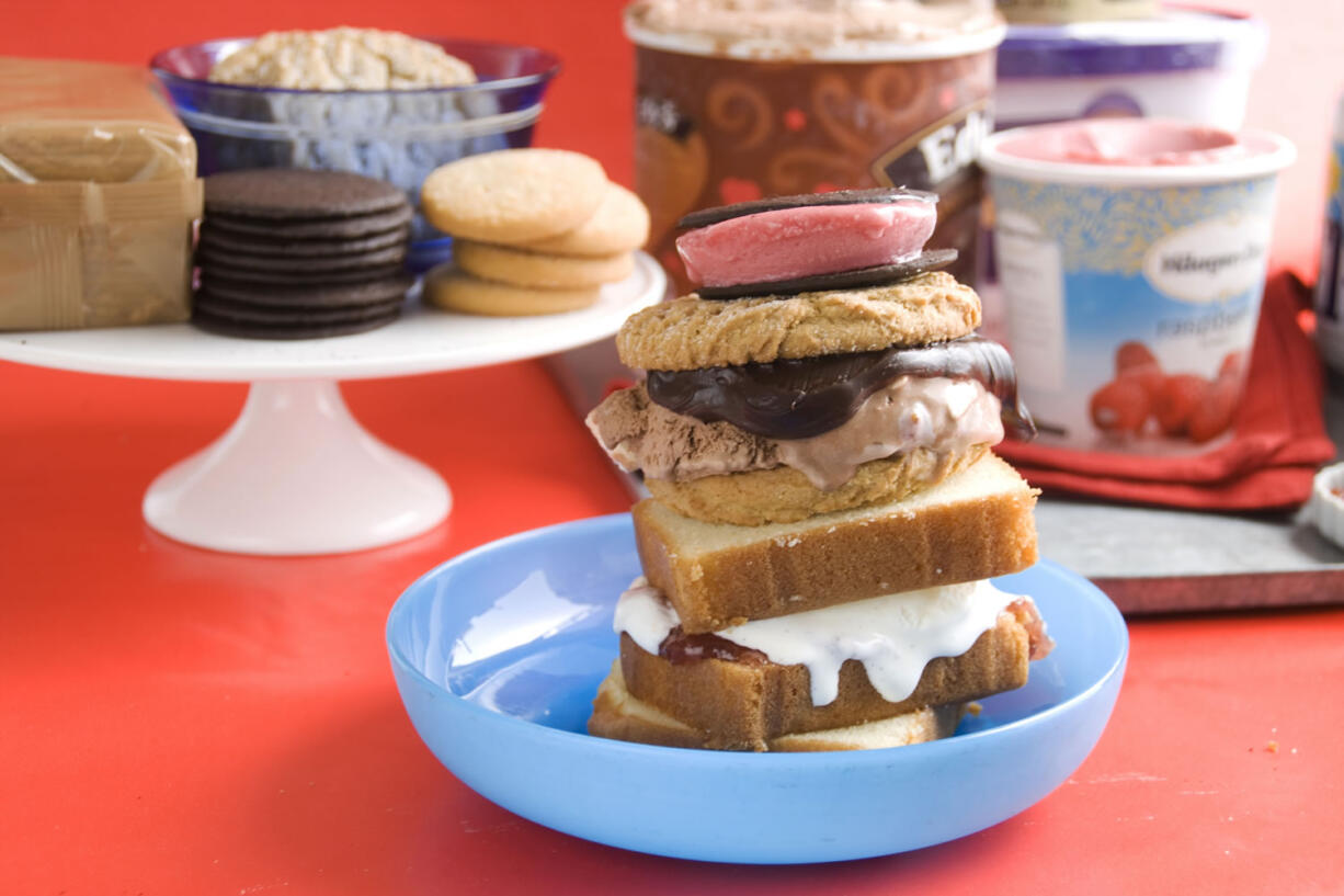 Front, from top down, black and red, double chocolate, and shortcake ice cream sandwiches buffet