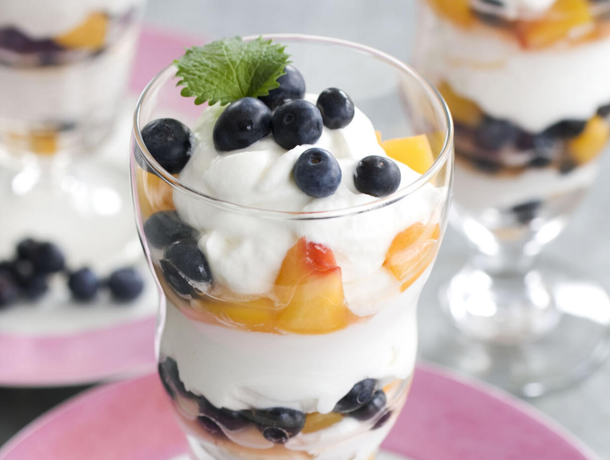 Easy blueberry-peach mousse parfaits.