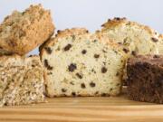 3 variations: Oatmeal-rye soda bread with herbs and walnuts, from left, Irish soda bread, and double chocolate cherry soda bread.