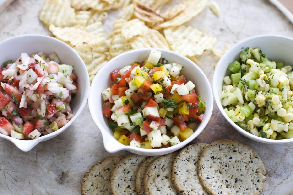 Clockwise from top:  Cucumber-Corn Salsa, Apple-Pepper Salsa and Strawberry-Fennel Salsa