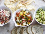 Clockwise from top:  Cucumber-Corn Salsa, Apple-Pepper Salsa and Strawberry-Fennel Salsa