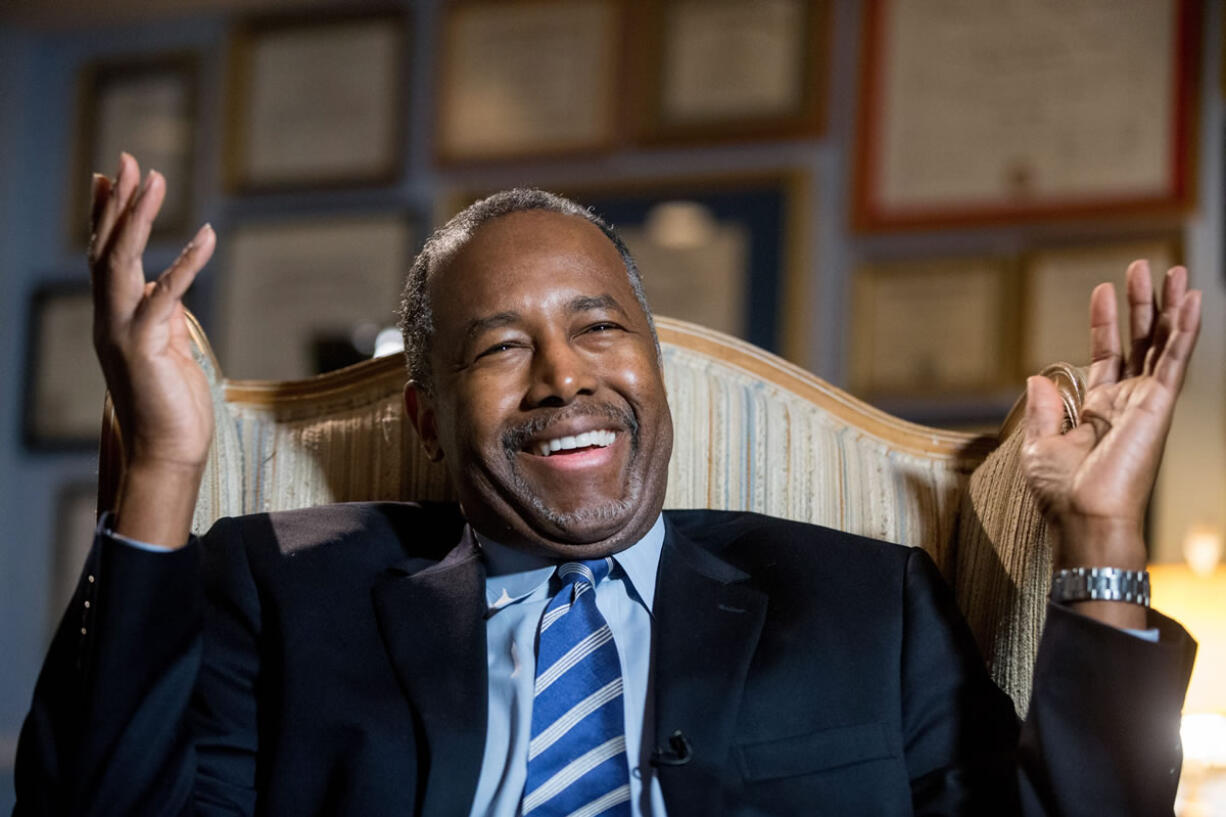 Republican presidential candidate Dr. Ben Carson smiles during an interview with The Associated Press in his home in Upperco, Md., on Wednesday.