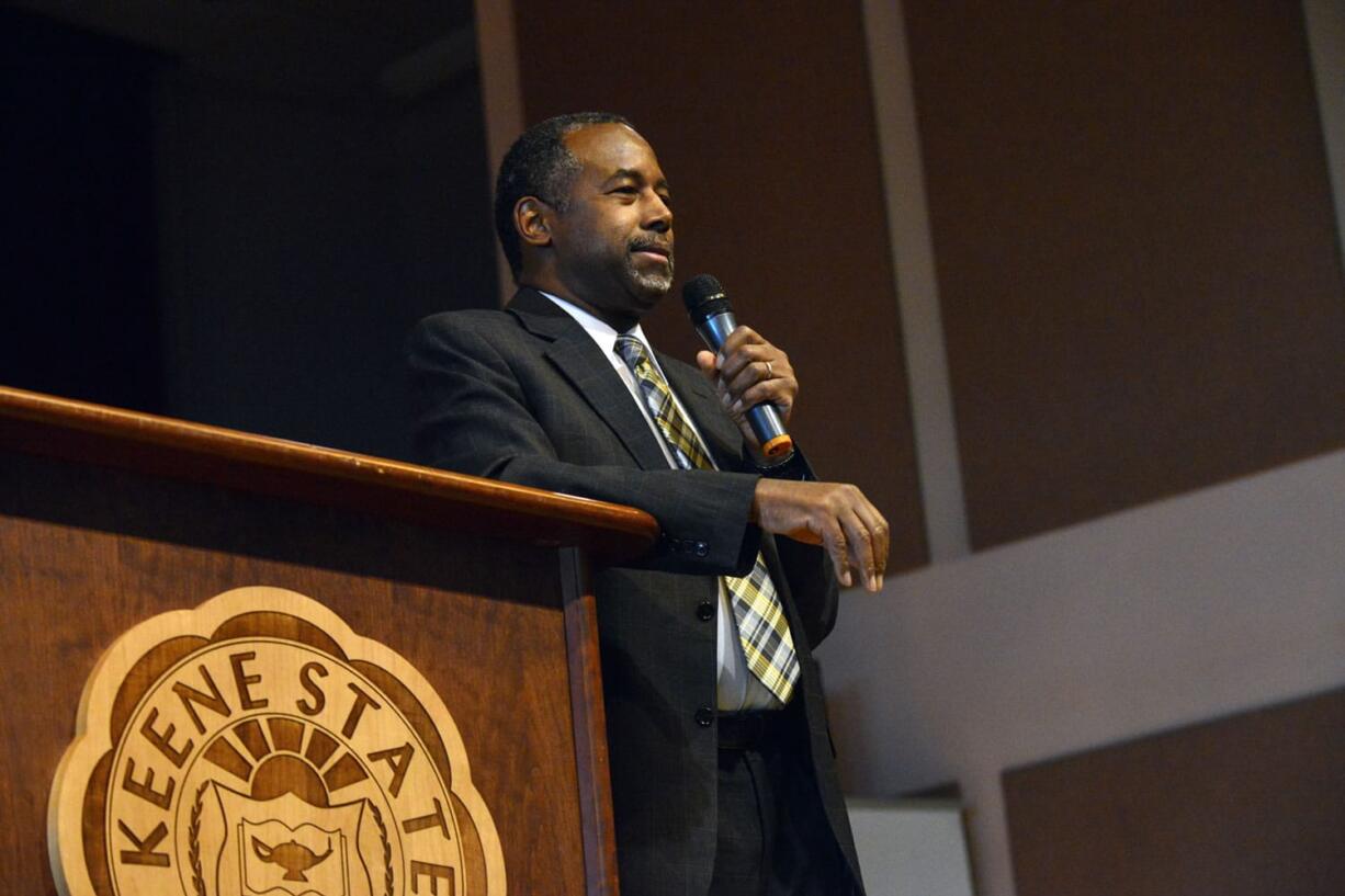 Republican presidential candidate, retired neurosurgeon Ben Carson speaks at a town hall event hosted by the American Democracy Project at Keene State College in Keene, N.H.