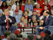 Republican presidential candidate Donald Trump answers questions from South Carolina Attorney General Alan Wilson, right, at a town hall meeting in the Convocation Center on the University of South Carolina Aiken campus Saturday, Dec. 12, 2015, in Aiken, S.C.