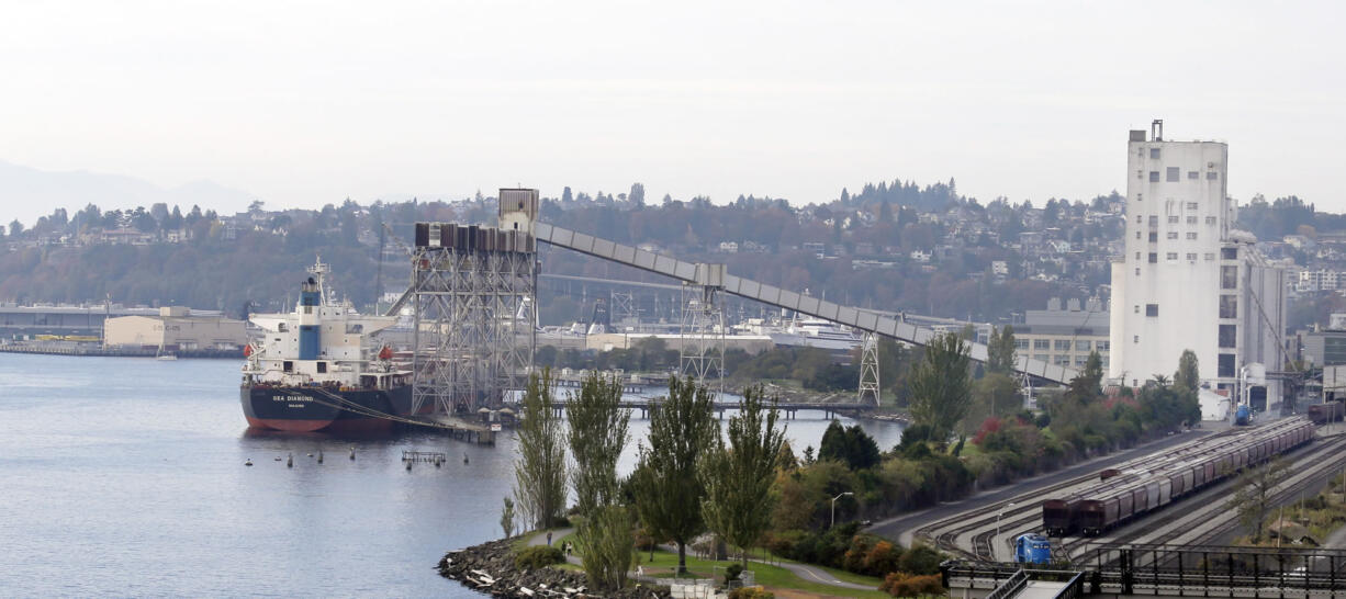 The cargo ship Sea Diamond is berthed for loading at the Terminal 86 grain facility in Elliott Bay in Seattle.