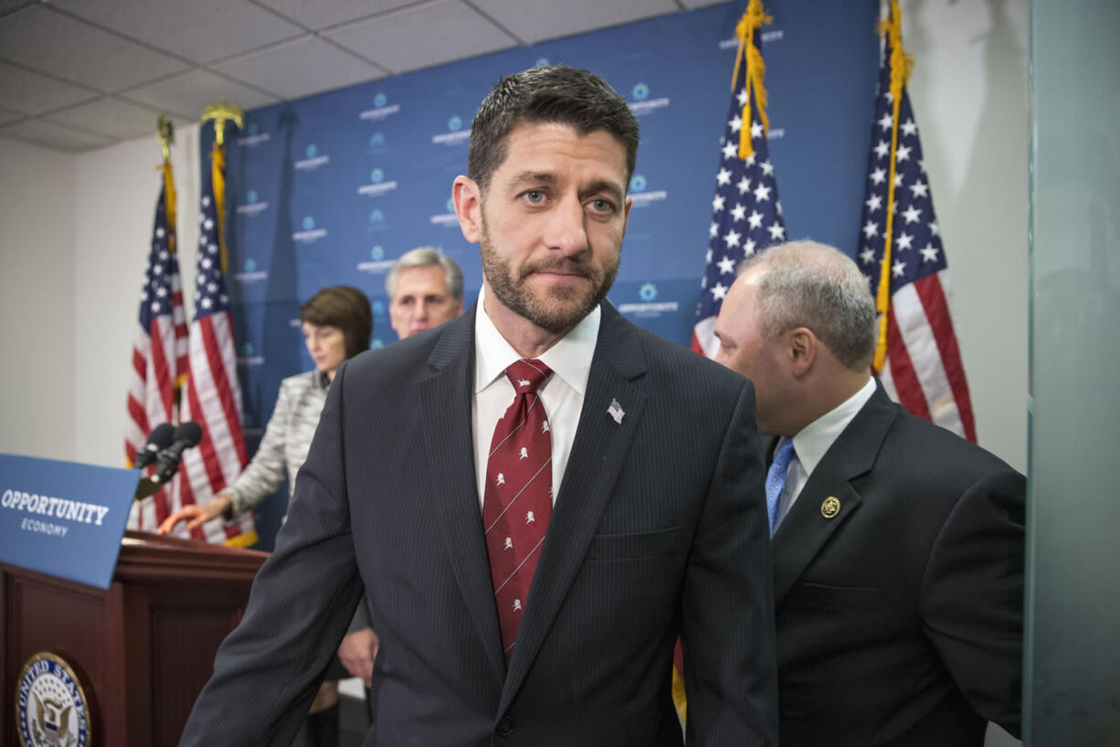 House Speaker Paul Ryan of Wis., departs a news conference on Capitol Hill in Washington on Tuesday following a GOP strategy session. From left are, Rep. Cathy McMorris Rodgers, R-Wash., chair of the Republican Conference, House Majority Leader Kevin McCarthy of Calif., Speaker Ryan, and House Majority Whip Steve Scalise of La. (AP Photo/J.