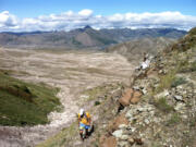 Eric Quarnstrom, 44, of Seattle nears the top of Windy Pass during the Volcanic 50 ultramarathon Saturday at Mount St.