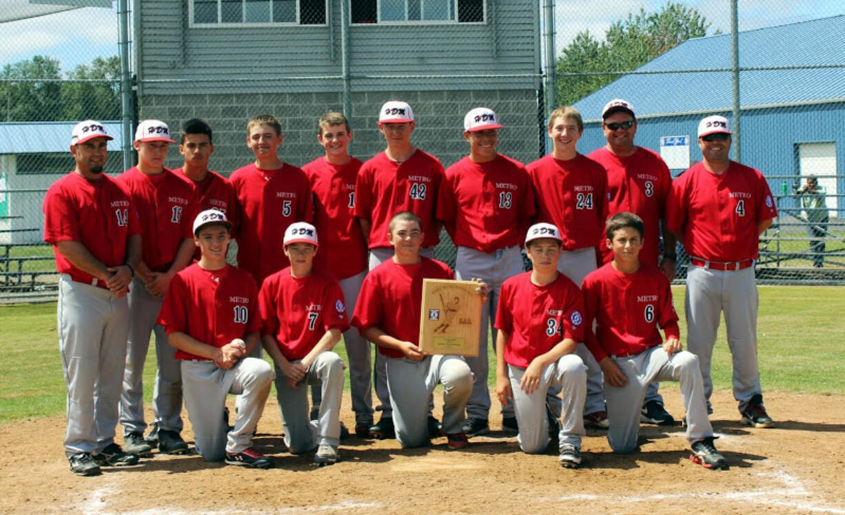 Hazel Dell Metro 13s Babe Ruth Southern Washington champions. Bottom row (from left): Wyatt Rogina, Alan Becklehimer, Grant Francis, Tanner Jacques, Jack Ducote.