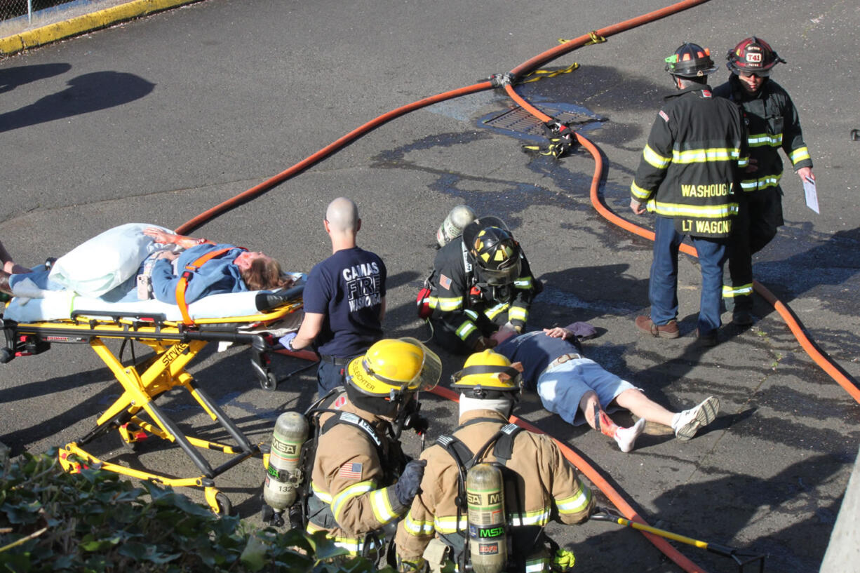 An emergency situation that involved an explosion in the maintenance basement at the Port of Camas-Washougal offices was staged as part of a drill on Tuesday, April 23.