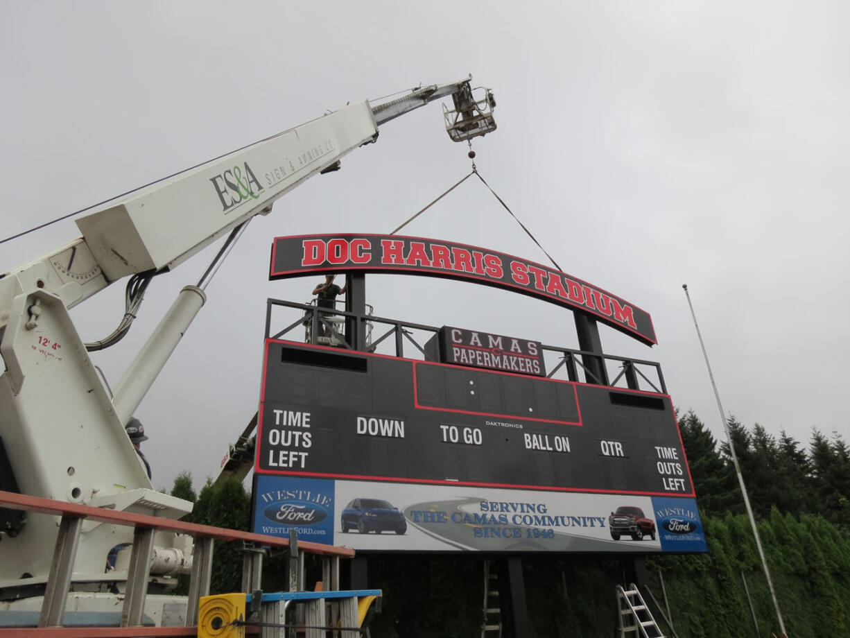 The new 32-foot long scoreboard stands 31 feet, 6 inches tall at Doc Harris Stadium.