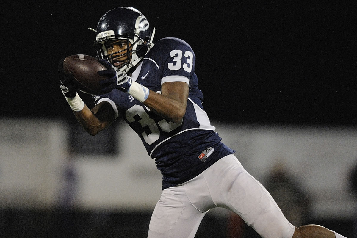 Jabari Marshall, 33, of Skyview High School intercepts a pass in a game against Issaquah High School at Kiggins Bowl Friday November 4, 2011 in Vancouver, Washington.