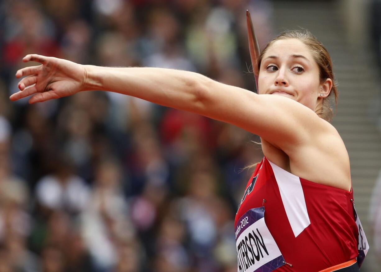 United States' Kara Patterson takes a throw in the women's javelin throw qualification round during the athletics in the Olympic Stadium at the 2012 Summer Olympics in London today.