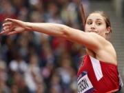 United States' Kara Patterson takes a throw in the women's javelin throw qualification round during the athletics in the Olympic Stadium at the 2012 Summer Olympics in London today.