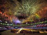 Fireworks explode over the stadium Sunday during the closing ceremony at the 2012 Summer Olympics in London.