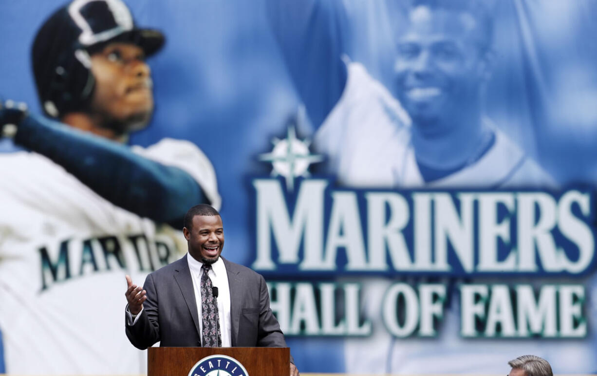 Former Seattle Mariners' Ken Griffey Jr. speaks at a luncheon in his honor on Friday at Safeco Field.