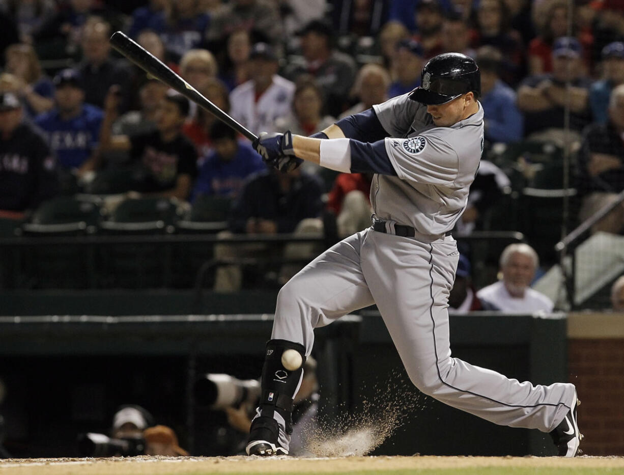 Seattle Mariners Justin Smoak fouls off a pitch.