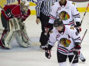 Portland Winterhawks right winger Ty Rattie skates away from Halifax Mooseheads goaltender Zachary Fucale after scoring a goal that would be disallowed during the second period Sunday.