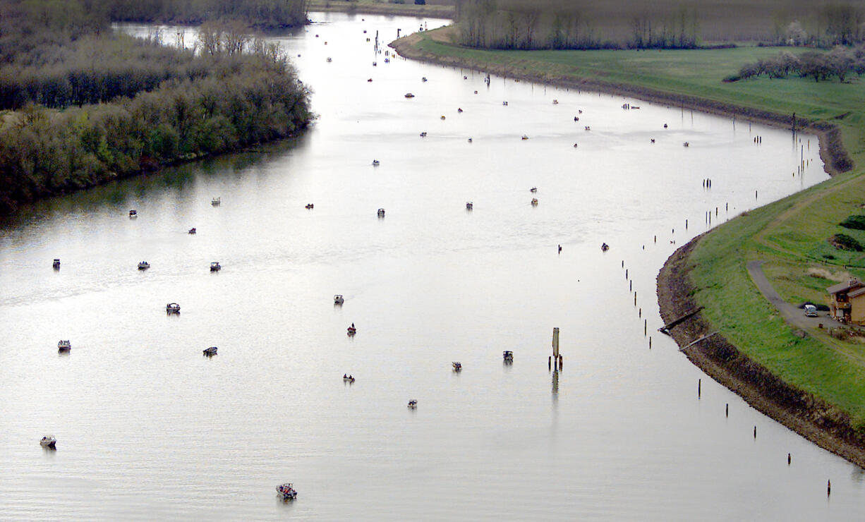 Multnomah Channel of the Willamette River flows on the west side of Sauvie Island and is a popular spot for spring chinook salmon fishing.