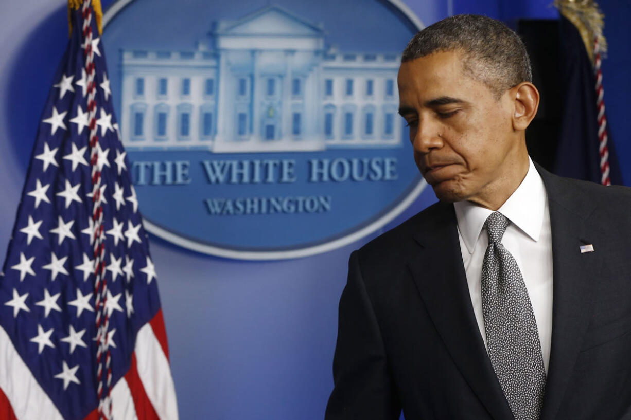 President Barack Obama turns to leave after speaking in the Brady Press Briefing Room of the White House in Washington on Tuesday.