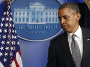 President Barack Obama turns to leave after speaking in the Brady Press Briefing Room of the White House in Washington on Tuesday.