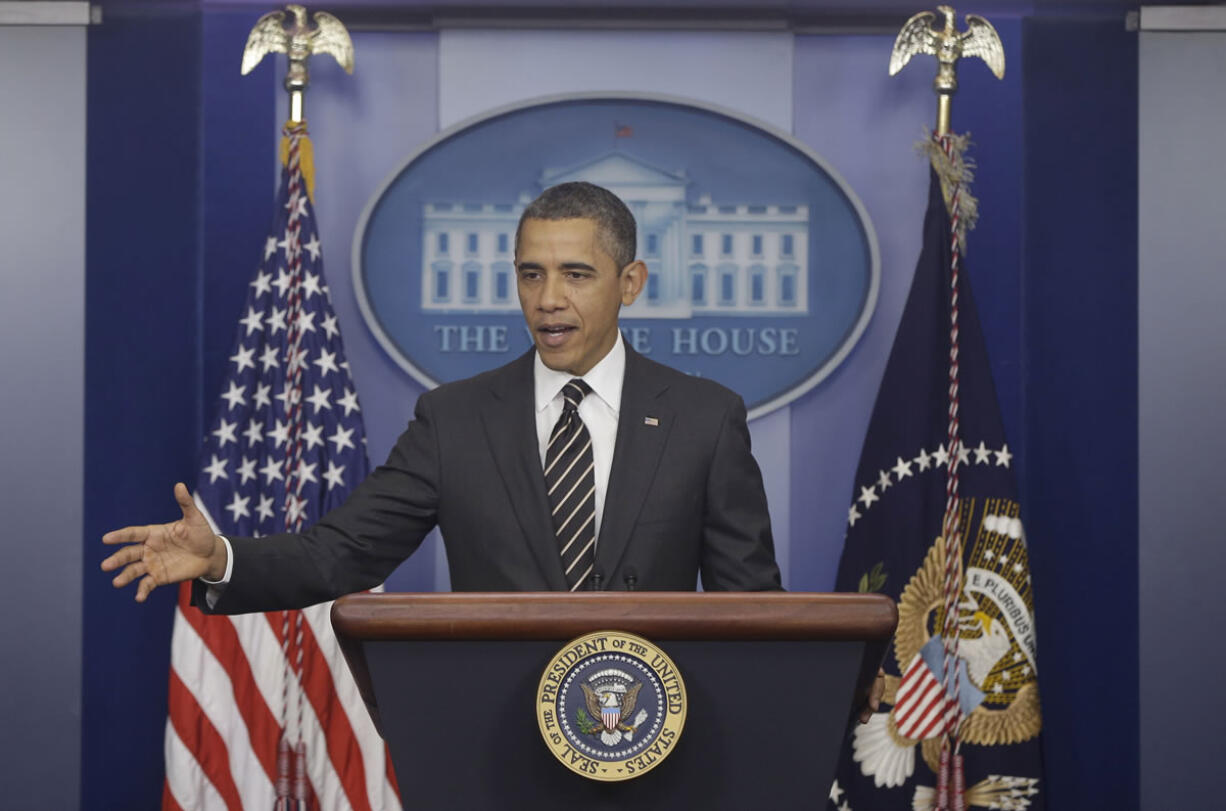 President Barack Obama gestures as speaks in the James Brady Press Briefing Room at the White House in Washington on Tuesday.