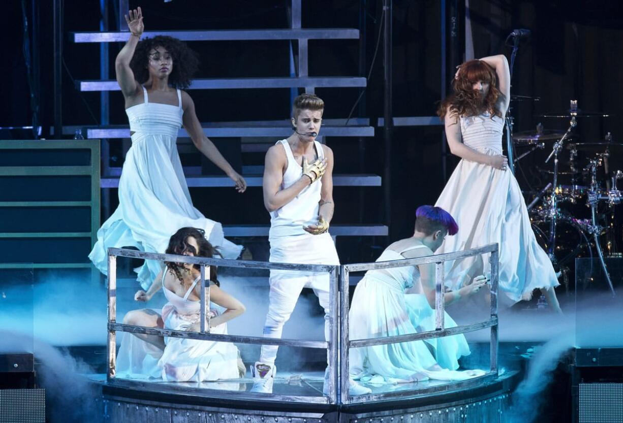 Canadian singer Justin Bieber performs March 4 at the O2 Arena in east London.