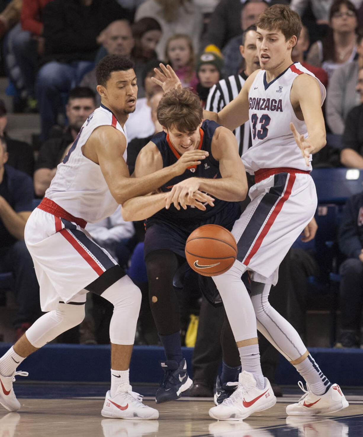 Gonzaga's Bryan Alberts, left, and Kyle Wiltjer (33) pressure Pepperdine's Jett Raines during the first half of an NCAA college basketball game Monday, Dec. 21, 2015, in Spokane,Wash.