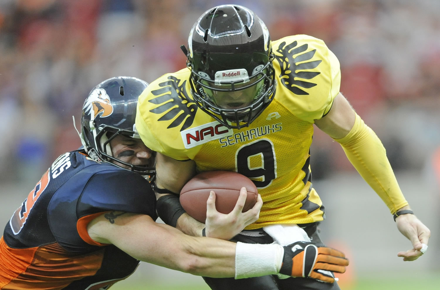 The rather familiar yellow-and-wing-clad Gdynia Seahawks of the Polish American Football League.