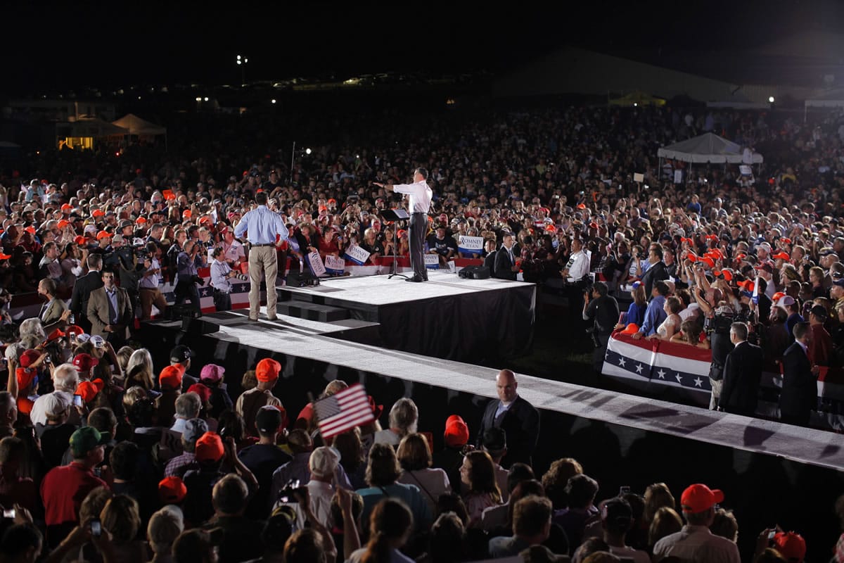 Republican presidential candidate and former Massachusetts Gov. Mitt Romney campaigns with his running mate Rep.