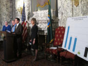 Sen. Andy Hill, R-Redmond, second from right, speaks about the chamber's budget proposal, joined by Sens. Sharon Nelson, D-Maury Island, and Jim Hargrove, D-Hoquiam, left, and Sen.